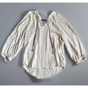 Democracy Ivory Long Blouson Sleeve V-Neck Crochet Woven Top w Ties Size M